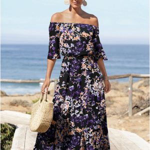 Off-The-Shoulder Maxi Dress - Purple Multi
